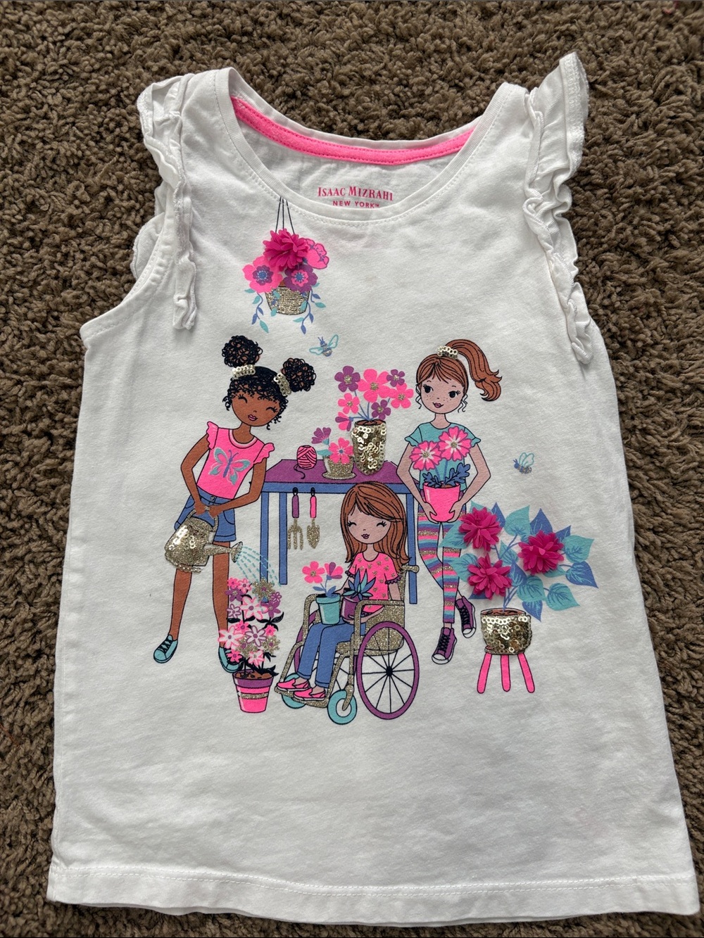 Isaac Mizrahi Kids White Tank Top with Pink Floral Girl Graphic